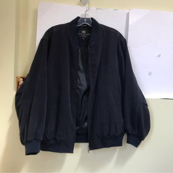 Balenciaga Bomber Navy Jacket Logo Zipper Pocket Lined Vintage Minimalist Coat M - Picture 4 of 16